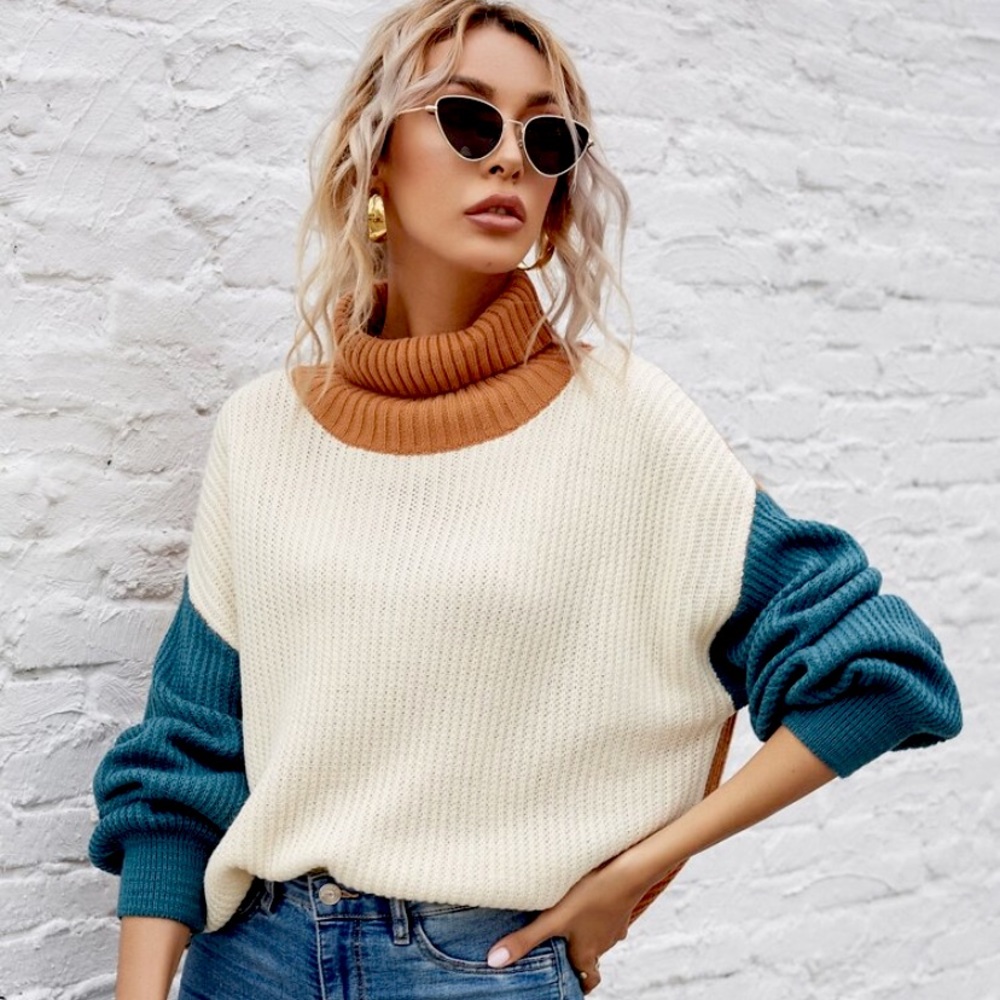 Color block sweater - Teal white and tan pullover